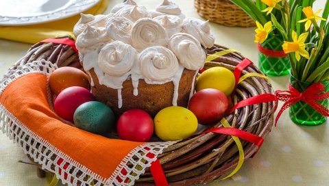 Обои ветки, пасха, нарциссы, кулич, декор, крашенки, branches, easter, daffodils, cake, decor, eggs разрешение 1920x1280 Загрузить