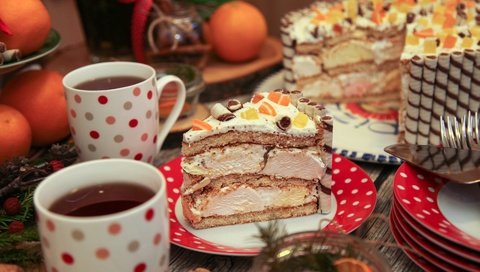 Обои чай, чашки, торт, десерт, пирожное, цукаты, крем, tea, cup, cake, dessert, candied, cream разрешение 1920x1280 Загрузить