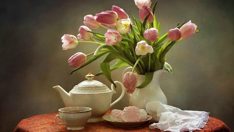 Обои букет, тюльпаны, чай, чайник, зефир, натюрморт, bouquet, tulips, tea, kettle, marshmallows, still life разрешение 1920x1275 Загрузить