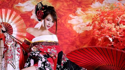 Обои девушка, кимоно, азиатка, гейша, веер, girl, kimono, asian, geisha, fan разрешение 2048x1365 Загрузить