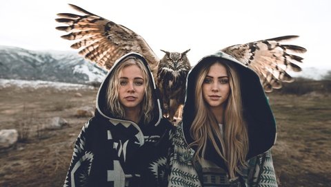 Обои сова, взгляд, девушки, птица, волосы, модели, блондинки, owl, look, girls, bird, hair, model, blonde разрешение 7952x5304 Загрузить