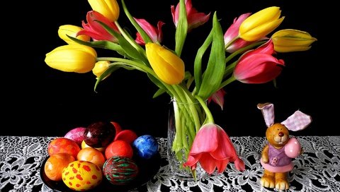 Обои цветы, фон, тюльпаны, кролик, пасха, салфетка, flowers, background, tulips, rabbit, easter, napkin разрешение 2874x2146 Загрузить
