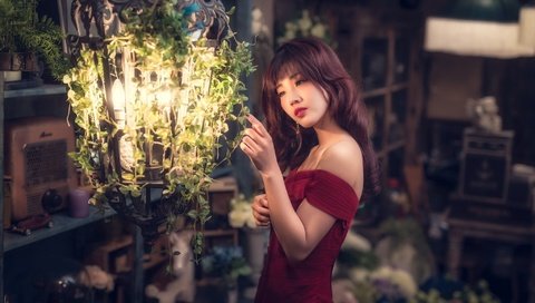 Обои девушка, платье, взгляд, лампа, волосы, азиатка, girl, dress, look, lamp, hair, asian разрешение 2048x1365 Загрузить