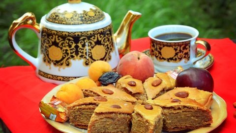 Обои орехи, фрукты, сладости, чай, выпечка, пирог, пахлава, nuts, fruit, sweets, tea, cakes, pie, baklava разрешение 1920x1279 Загрузить