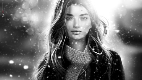 Обои арт, снег, девушка, чёрно-белое, лицо, шарф, art, snow, girl, black and white, face, scarf разрешение 2048x1161 Загрузить