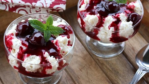 Обои мята, мороженое, ягоды, вишня, десерт, сироп, mint, ice cream, berries, cherry, dessert, syrup разрешение 3000x2000 Загрузить