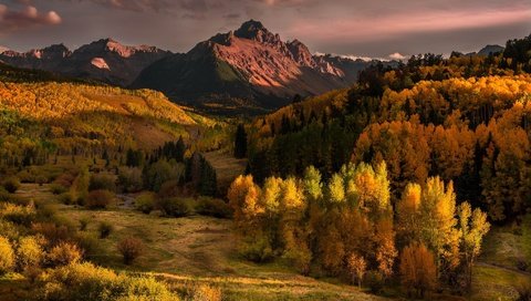 Обои деревья, горы, холмы, лес, тучи, осень, дымка, trees, mountains, hills, forest, clouds, autumn, haze разрешение 2048x1152 Загрузить