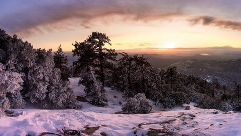 Обои деревья, горы, снег, лес, закат, зима, trees, mountains, snow, forest, sunset, winter разрешение 1920x1100 Загрузить