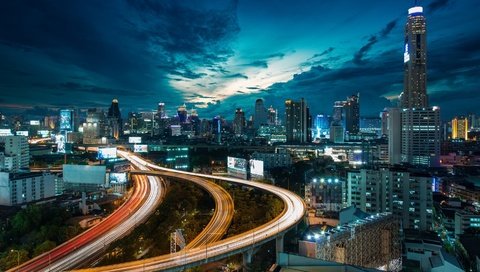 Обои дорога, ночь, огни, здания, таиланд, высотки, бангкок, road, night, lights, building, thailand, skyscrapers, bangkok разрешение 1920x1080 Загрузить