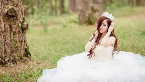 Обои лес, девушка, настроение, взгляд, азиатка, белое платье, невеста, forest, girl, mood, look, asian, white dress, the bride разрешение 2048x1268 Загрузить