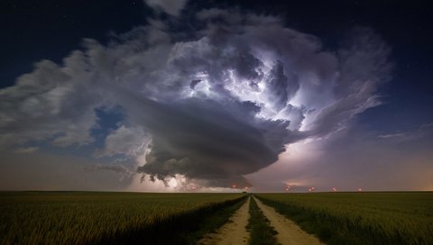 Обои небо, дорога, ночь, природа, молния, поле, гроза, циклон, the sky, road, night, nature, lightning, field, the storm, cyclone разрешение 1920x1080 Загрузить