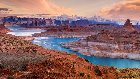 Обои облака, река, горы, камни, каньон, clouds, river, mountains, stones, canyon разрешение 3000x2000 Загрузить