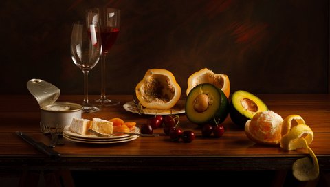 Обои сыр, вишня, вино, бокалы, мандарин, натюрморт, авакадо, cheese, cherry, wine, glasses, mandarin, still life, avocado разрешение 2048x1365 Загрузить