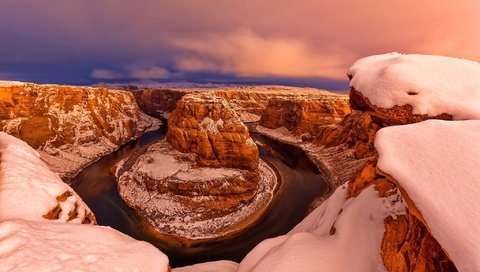 Обои закат, зима, каньон, сша, глен-каньон, штат аризона, sunset, winter, canyon, usa, glen canyon, arizona разрешение 2048x1366 Загрузить