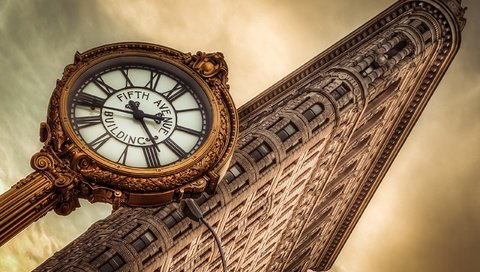 Обои часы, сша, здание, clock, нью - йорк, flatiron building, watch, usa, the building, new york разрешение 2560x1600 Загрузить