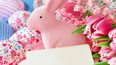 Обои цветы, весна, тюльпаны, пасха, яйца, зайчик, декор, flowers, spring, tulips, easter, eggs, bunny, decor разрешение 4500x4500 Загрузить