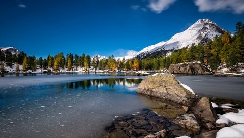 Обои деревья, озеро, горы, снег, швейцария, валь-ди-кампо, trees, lake, mountains, snow, switzerland, val di campo разрешение 2048x1367 Загрузить