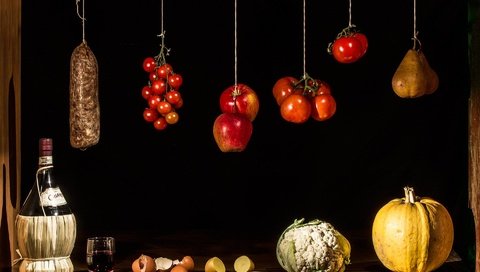 Обои фрукты, помидоры, яблоки, тыква, лимон, натюрморт, вино, груша, овощи, капуста, яйца, салями, стакан, бутылка, fruit, tomatoes, apples, pumpkin, lemon, still life, wine, pear, vegetables, cabbage, eggs, salami, glass, bottle разрешение 1920x1214 Загрузить
