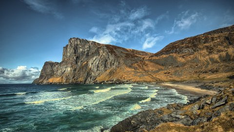 Обои небо, скалы, камни, берег, волны, пейзаж, море, the sky, rocks, stones, shore, wave, landscape, sea разрешение 2048x1335 Загрузить