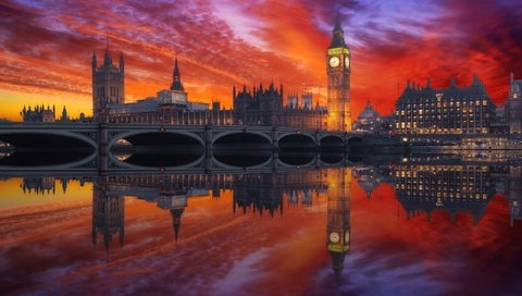 Обои закат, отражение, мост, лондон, англия, биг-бен, sunset, reflection, bridge, london, england, big ben разрешение 2048x1367 Загрузить