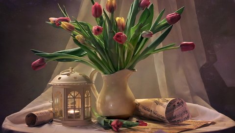 Обои цветы, столик, ноты, натюрморт, фонарь, занавеска, ткань, рулоны, тюльпаны, листы, свеча, кувшин, flowers, table, notes, still life, lantern, curtain, fabric, rolls, tulips, leaves, candle, pitcher разрешение 2612x2051 Загрузить