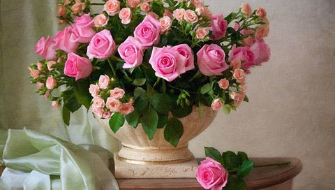 Обои цветы, розы, ткань, букет, ваза, тумбочка, flowers, roses, fabric, bouquet, vase, table разрешение 1980x1764 Загрузить