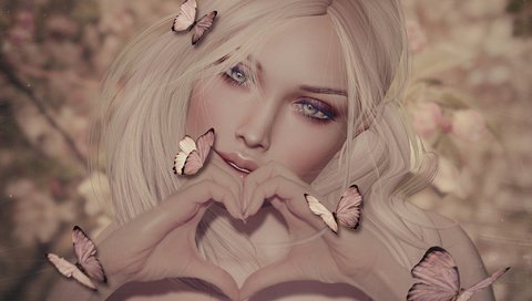 Обои девушка, блондинка, сердечко, графика, бабочки, руки, 3д, girl, blonde, heart, graphics, butterfly, hands, 3d разрешение 2048x1242 Загрузить