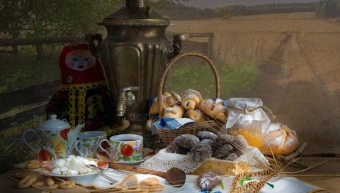 Обои кукла, печенье, колосья, выпечка, хлеб, булочки, самовар, корзина, баранки, чай, салфетка, мед, банка, doll, cookies, ears, cakes, buns, bread, samovar, basket, bagels, tea, napkin, honey, bank разрешение 2048x1411 Загрузить