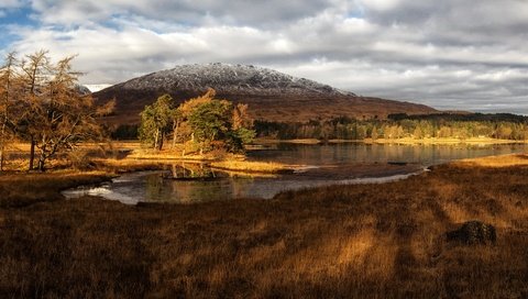 Обои трава, облака, деревья, озеро, горы, берег, шотландия, grass, clouds, trees, lake, mountains, shore, scotland разрешение 3500x2000 Загрузить