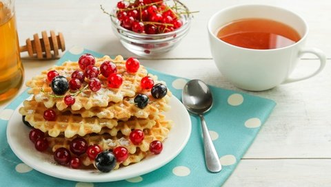 Обои ягоды, чай, мед, выпечка, ложка, смородина, вафли, berries, tea, honey, cakes, spoon, currants, waffles разрешение 5184x3456 Загрузить