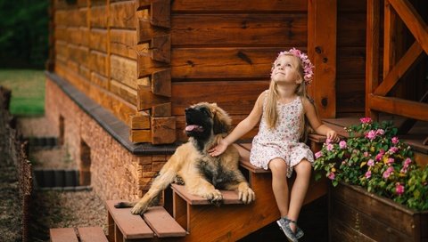 Обои цветы, собака, девочка, дом, ребенок, пес, крыльцо, flowers, dog, girl, house, child, porch разрешение 2048x1367 Загрузить
