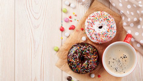 Обои кофе, конфеты, пончики, выпечка, глазурь, evgeny karandaev, coffee, candy, donuts, cakes, glaze разрешение 3840x2400 Загрузить