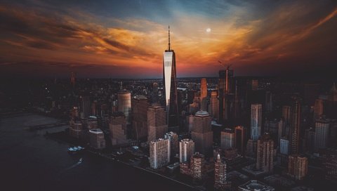 Обои вечер, закат, город, небоскребы, сша, нью-йорк, the evening, sunset, the city, skyscrapers, usa, new york разрешение 1920x1181 Загрузить