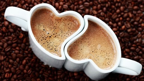 Обои кофе, сердце, любовь, кофейные зерна, чашки, пенка, coffee, heart, love, coffee beans, cup, foam разрешение 1920x1080 Загрузить