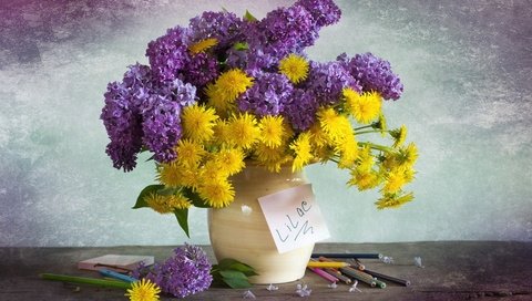 Обои цветы, карандаши, букет, одуванчики, ваза, сирень, композиция, flowers, pencils, bouquet, dandelions, vase, lilac, composition разрешение 2400x1594 Загрузить