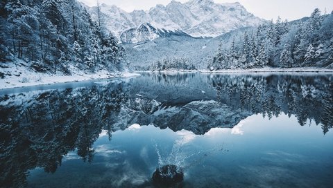 Обои деревья, отражение, озеро, горы, скалы, снег, природа, лес, зима, trees, reflection, lake, mountains, rocks, snow, nature, forest, winter разрешение 1920x1200 Загрузить