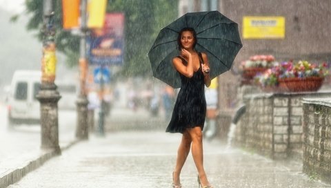Обои девушка, платье, улыбка, улица, дождь, зонт, girl, dress, smile, street, rain, umbrella разрешение 2100x1420 Загрузить