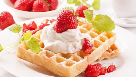 Обои мята, клубника, десерт, вафли, крем, mint, strawberry, dessert, waffles, cream разрешение 5140x3415 Загрузить