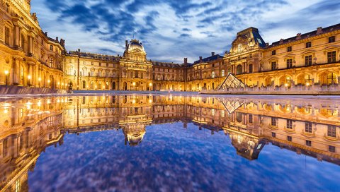 Обои вода, отражение, париж, здание, дворец, франция, лувр, water, reflection, paris, the building, palace, france, the louvre разрешение 1920x1200 Загрузить