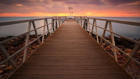 Обои небо, облака, мостик, закат, море, горизонт, пирс, причал, the sky, clouds, the bridge, sunset, sea, horizon, pierce, pier разрешение 5184x3456 Загрузить