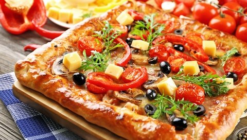 Обои сыр, выпечка, помидоры, пицца, начинка, маслины, cheese, cakes, tomatoes, pizza, filling, olives разрешение 5760x3840 Загрузить