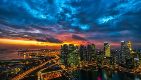 Обои облака, закат, город, небоскребы, мегаполис, сингапур, clouds, sunset, the city, skyscrapers, megapolis, singapore разрешение 3840x2160 Загрузить