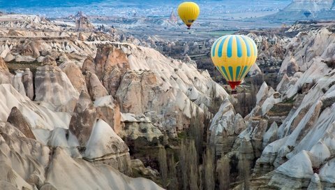 Обои небо, горы, скалы, воздушные шары, турция, каппадокия, the sky, mountains, rocks, balloons, turkey, cappadocia разрешение 1920x1200 Загрузить