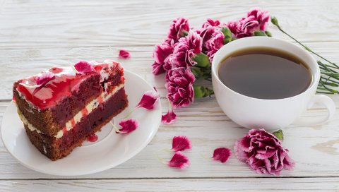 Обои цветы, кофе, букет, торт, десерт, пирожное, гвоздики, крем, flowers, coffee, bouquet, cake, dessert, clove, cream разрешение 1920x1200 Загрузить