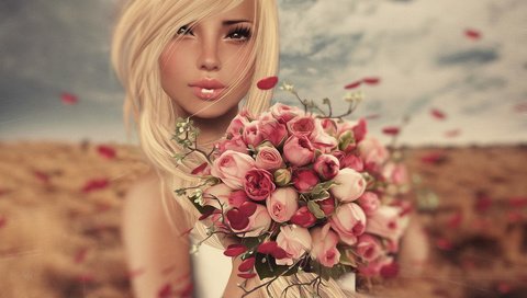 Обои цветы, лицо, арт, девушка, блондинка, портрет, розы, взгляд, букет, flowers, face, art, girl, blonde, portrait, roses, look, bouquet разрешение 1920x1200 Загрузить