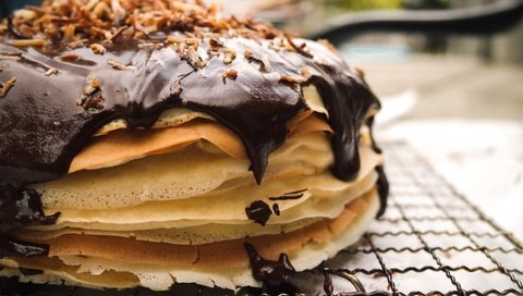 Обои шоколад, блинчики, блины, блинный торт, chocolate, pancakes, pancake cake разрешение 1920x1080 Загрузить