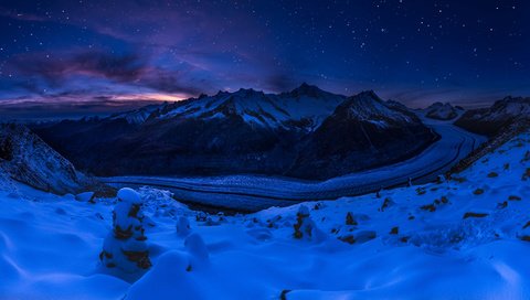 Обои ночь, горы, снег, природа, зима, пейзаж, швейцария, ледник, night, mountains, snow, nature, winter, landscape, switzerland, glacier разрешение 7593x3701 Загрузить