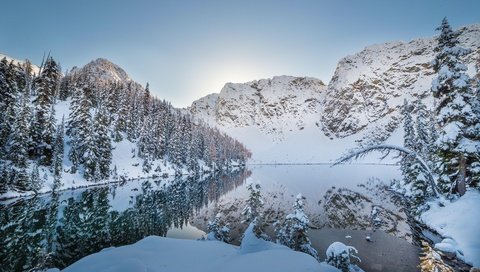 Обои озеро, горы, снег, природа, зима, отражение,     деревья, lake, mountains, snow, nature, winter, reflection, trees разрешение 5472x3648 Загрузить