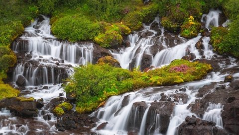 Обои исландия, водопады, каскад, hraunfossar, хрёйнфоссар, водопад хрейнфоссар, iceland, waterfalls, cascade разрешение 2048x1365 Загрузить