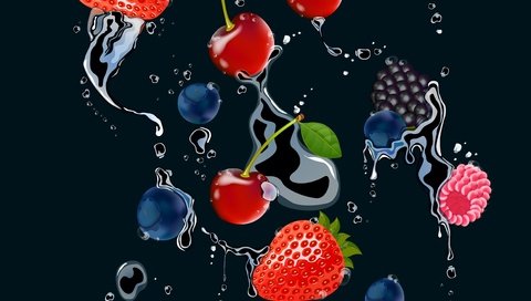 Обои вода, клубника, брызги, вишня, черника, water, strawberry, squirt, cherry, blueberries разрешение 5000x5000 Загрузить